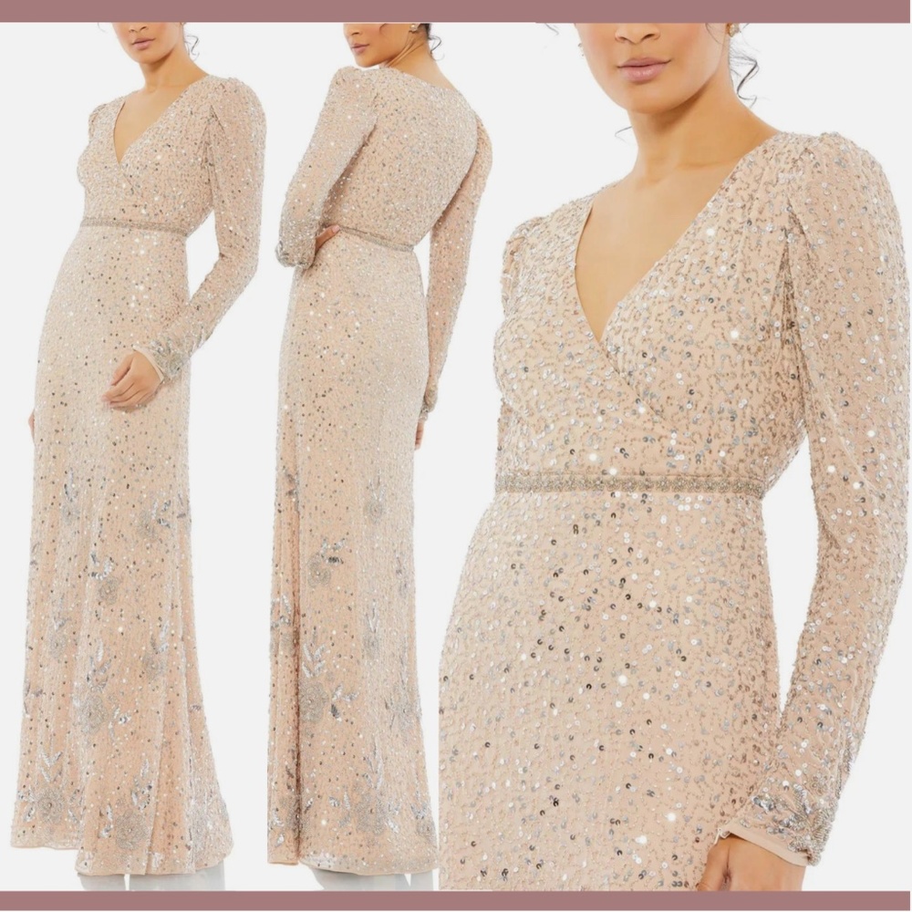 NEW $598‎ Mac Duggal [ 16 ] Sequin Floral Embellished Long Sleeve Gown Nude